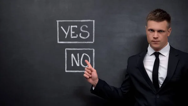 Serieuze Man Pak Wijzende Vinger Geen Teken Geschilderd Blackboard Keuze — Stockfoto