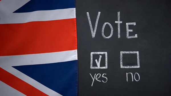 英国国旗在黑板上 答案在投票 历史测验 选举中都有标记 — 图库照片