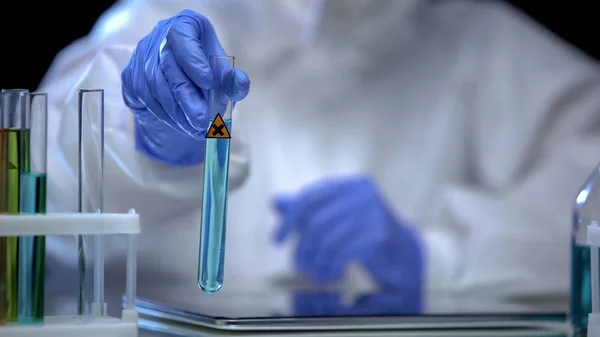 Chemistry Lab Assistant Showing Tube Harmful Sign Pesticide Development — Stock Photo, Image