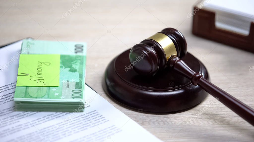 Euro with alimony sign table, gavel lying sound block, financial obligation