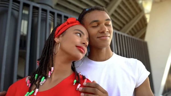 Mixed Race Couple Tenderly Hugging Dreaming Bright Happy Future — Stock Photo, Image