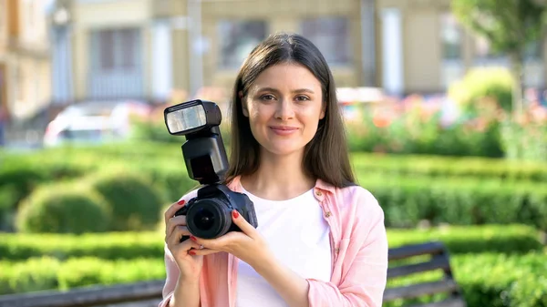 Smiling Woman Holding Camera Tips Professional Photographers Shooting — Stock Photo, Image