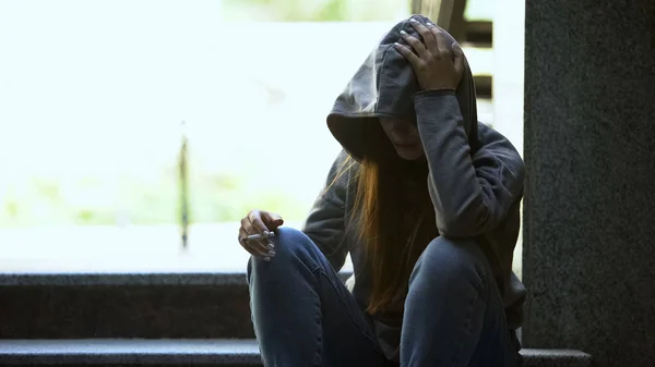 Young Upset Female Smoking Cigarette Alone Stairs Depression Problems — Stock Photo, Image