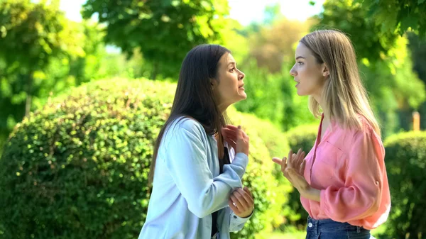 Dos Amigas Discutiendo Aire Libre Confrontación Relaciones Comunicación — Foto de Stock