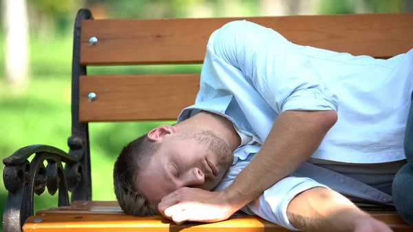 Drunk Young Man Sleeping Bench Park Youth Lifestyle Harmful Addiction — Stock Photo, Image