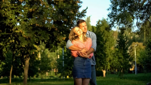 Boyfriend Hugging Girlfriend Spending Time Together Outdoors Love Tenderness — Stock Photo, Image