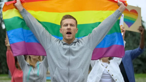 Man Holding Rainbow Flag Fighting Lgbt Rights Discrimination — Stock Photo, Image