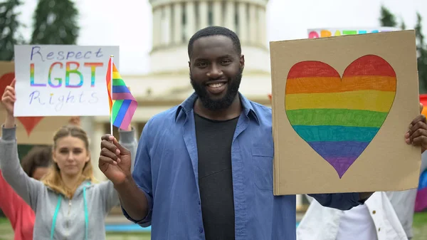 Black Man Rainbow Symbols Protesters Lgbt Rights Pride Events — Stock Photo, Image