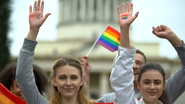 Activists Chanting Lgbt Slogans Showing Painted Rainbow Symbols Hands Flags — Stock Photo, Image