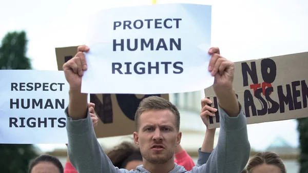 Activists Chanting Human Rights Slogan Holding Banners Rally Harassment — Stock Photo, Image