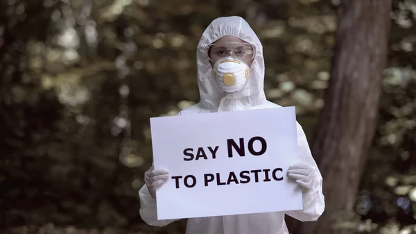 Say Plastic Sign Lab Worker Hands Environmental Catastrophe Pollution — Stock Photo, Image