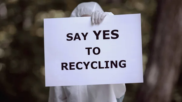 Say Yes Recycling Sign Researcher Hands Environment Pollution — Stock Photo, Image