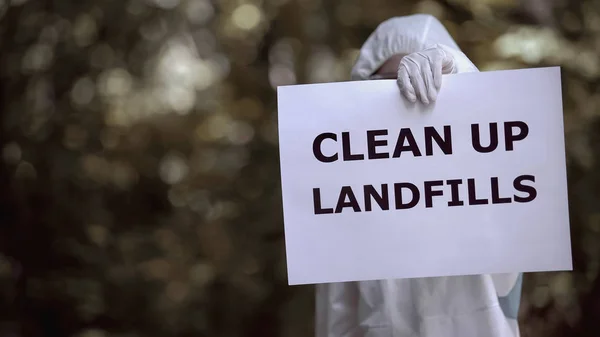Clean Landfills Sign Biochemist Hands Plastic Waste Pollution Environment — Stock Photo, Image