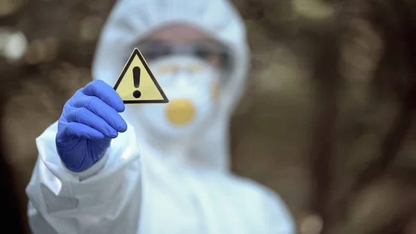 Biokémiai Tudós Mutatja Általános Óvatosság Jele Kézben Figyelmeztető Katasztrófa — Stock Fotó