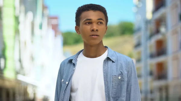 Worried Afro American Teen Boy Standing Outdoors Waiting Friends Late — Stock Photo, Image