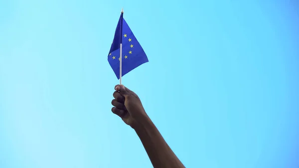 Person Som Holder Europeisk Flagg Bakgrunn Skyene Marsjerer Frihet Enhet – stockfoto