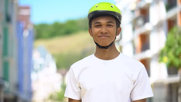 Excited Afro American Male Teen Protective Helmet Smiling Cycling Hobby — Stock Photo, Image