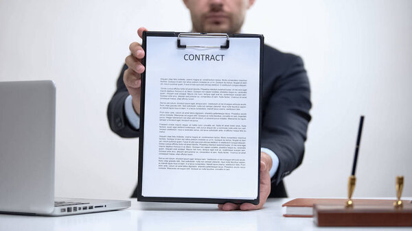 Business Lawyer Holding Contract Notary Service Sale Purchase Agreements Stock Picture