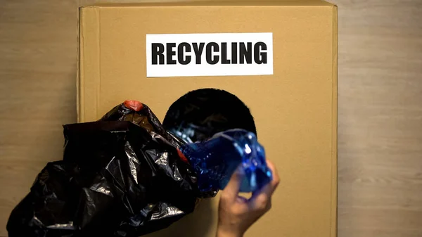 Recycling Written Box Female Hand Putting Plastic Bottles Utilize Stock Photo