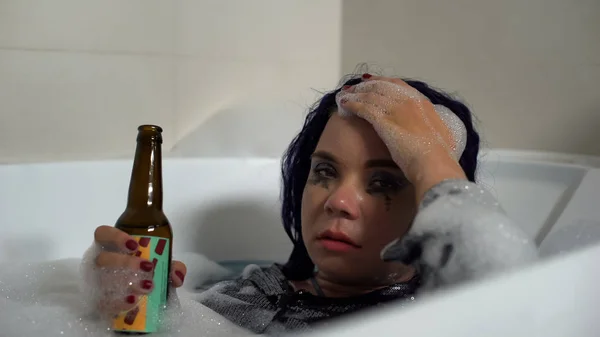 Drunk Woman Beer Bottle Lying Bath Suffering Depression Life Problems Stock Photo