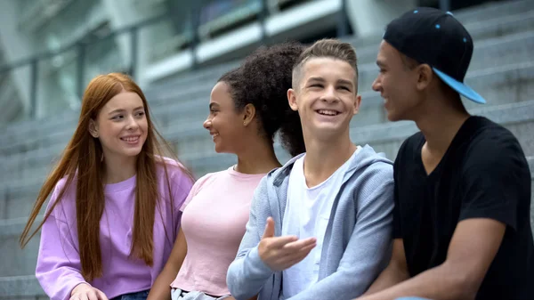 High School Classmates Talking Sitting Stairs Friendship Leisure Connection — ストック写真