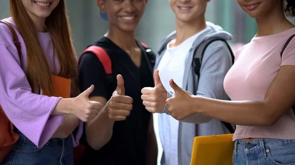 Щасливі Друзі Змішаної Раси Книгами Показують Великі Пальці Вгору Програма — стокове фото