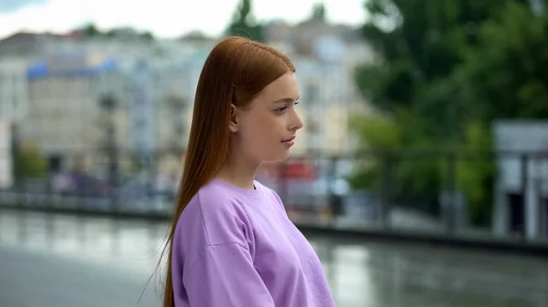 Beautiful Red Haired Teen Girl Standing Alone Street Feeling Melancholy — Stock Fotó