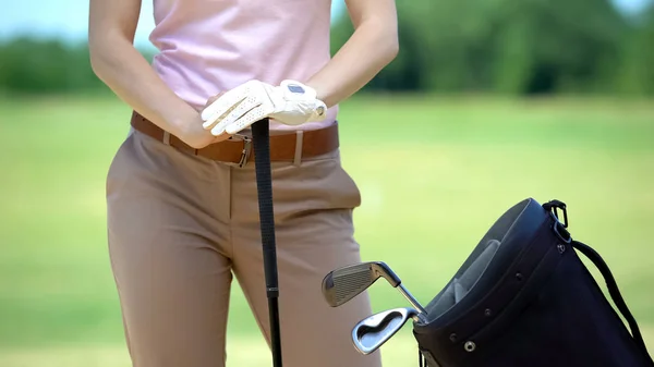 Professional Female Golf Player Glove Holding Club Ready Game Hobby — Stock Photo, Image