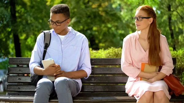 Diffident Teenager Sitting Bench Beautiful Girl Looking Him Affection — Stock Photo, Image