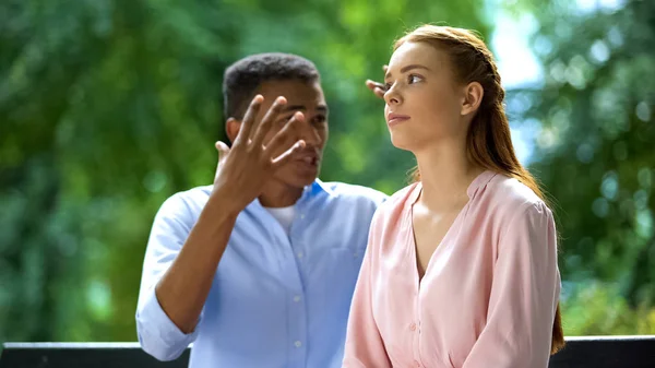 Teenage Girl Tired Listening Mixed Race Boyfriend Complaints Ignoring Him — ストック写真