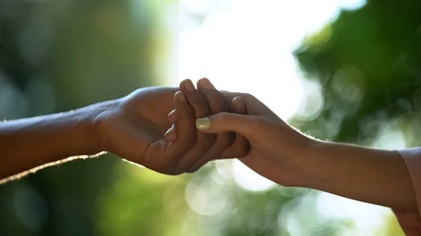 Pareja Joven Enamorada Cogida Mano Contra Fondo Del Parque Relaciones — Foto de Stock