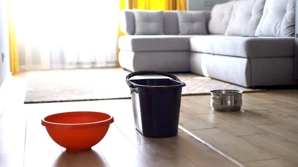 Water Dropping Bucket Dishes Ceiling Risk Shingles Damaged Roof — Stock Photo, Image