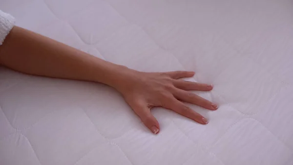 Hand Touching Mattress Testing Elasticity Durability Quality Sleep Closeup — ストック写真