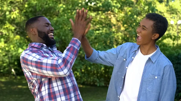 Delighted Black Men Giving High Five Happy Brothers Enjoying Time — ストック写真