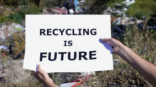 Recycling Future Phrase Cardboard Hands Landfill Background — Stock Photo, Image