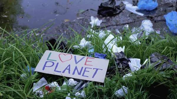 Kartong Med Kärlek Planet Fras Ligger Förorenat Gräs Nära Sjön — Stockfoto