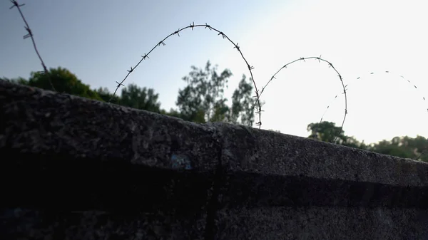 Szögesdrót Kerítés Mint Szabadságkorlátozás Szimbóluma Illegális Laboratóriumok Menekülttábor — Stock Fotó