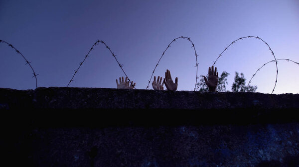 Children and adult hands behind barbed wire, forced settlements, refugee camp