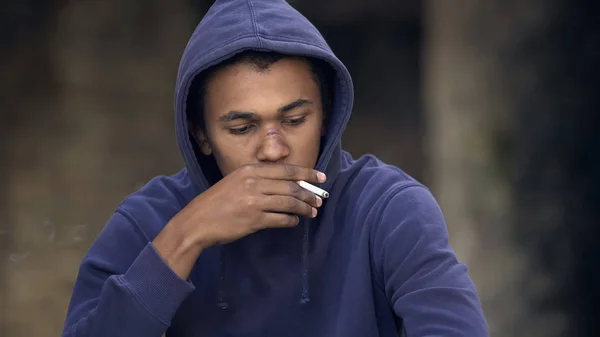 Afro American Teenager Smoking Outdoors Inhaling Harmful Nicotine Bad Habit — Stock Photo, Image