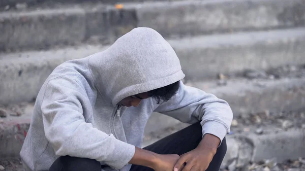 Sad Male Teenager Hood Sitting City Stairs Alone Running Home — Stock Photo, Image