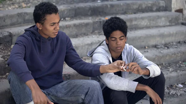 Two Black Teenagers Smoking Marijuana Weed Stairs Street Lifestyle Addiction — Stock Photo, Image