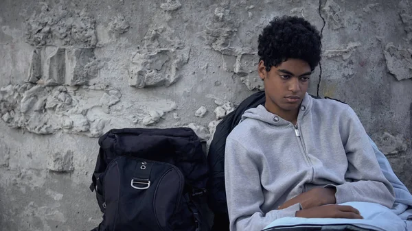 Homeless Male Teen Sitting Street Backpack Poverty Problem Refugee — Zdjęcie stockowe
