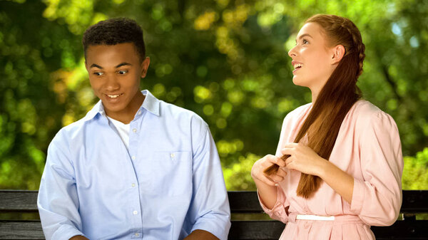 Multiracial Boyfriend Listening Annoying Girlfriend Shocked Chatty Girl Royalty Free Stock Images