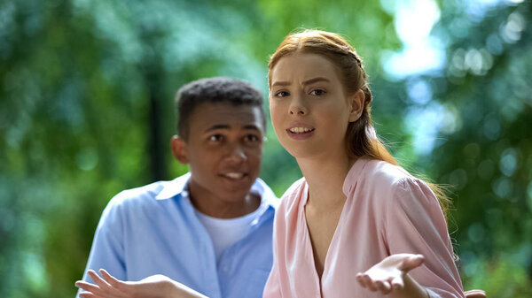 Tired Girl Disappointed Lying Her Black Boyfriend Relation Conflict Royalty Free Stock Images