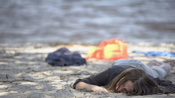Unconscious Woman Lying Seashore Shipwreck Survival Tips Accident Stock Picture