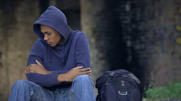 Injured Male Child Sitting Street Backpack Feeling Cold Escaping Home Stock Picture