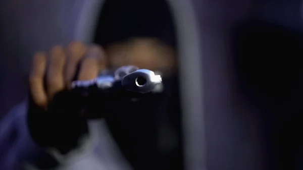 Black Criminal Balaclava Aiming Gun Camera Threatening Burglar Victim — Stock Photo, Image