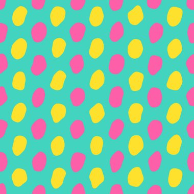 Parlak bir turkuaz arka planda sarı ve pembe oval desen. Boya damlaları ile modaya uygun geometrik desen