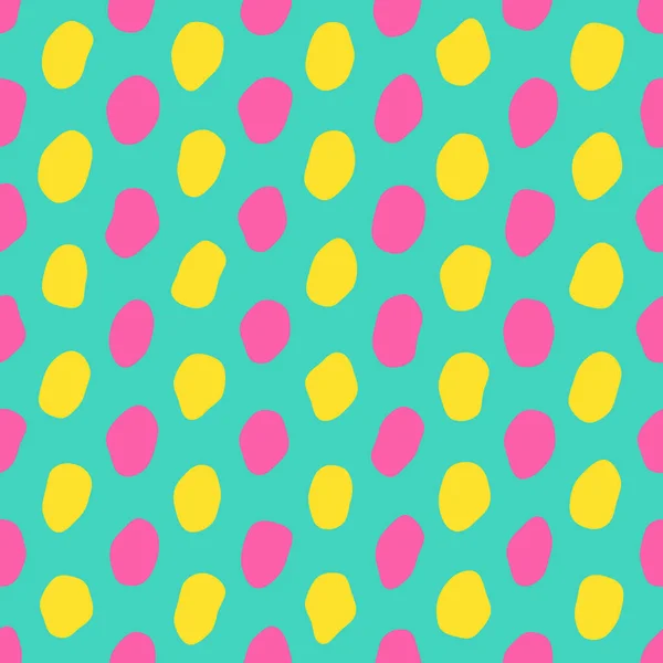 Yellow and pink ovals seamless pattern on a bright turquoise background. Trendy geometric pattern with paint blobs — Stock Vector