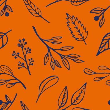 Sonbahar yaprakları 2020 model renklerde pürüzsüz. Turuncu arkaplan, çivit yapraklı, bitkisel ve filizli sanat eserleri..